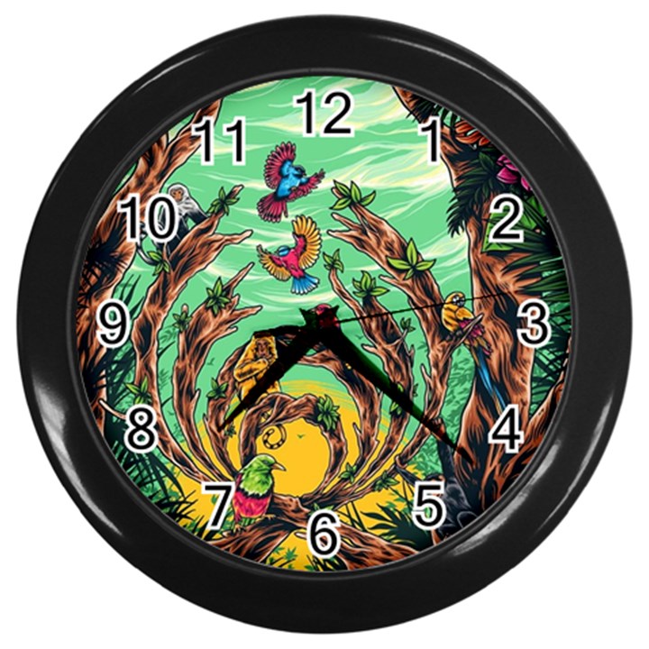 Monkey Tiger Bird Parrot Forest Jungle Style Wall Clock (Black)