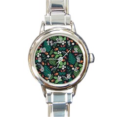 Pattern Forest Leaf Fruits Flowers Motif Round Italian Charm Watch by Amaryn4rt