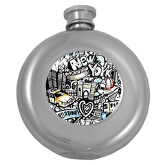 New York City Nyc Broadway Doodle Art Round Hip Flask (5 Oz) by Grandong