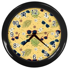 Seamless Pattern Of Sunglasses Tropical Leaves And Flower Wall Clock (black) by Grandong