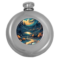 Forest River Night Evening Moon Round Hip Flask (5 Oz) by pakminggu