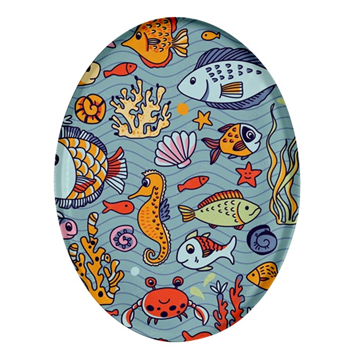 Cartoon Underwater Seamless Pattern With Crab Fish Seahorse Coral Marine Elements Oval Glass Fridge Magnet (4 pack)