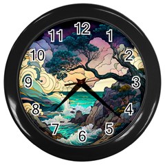 Tree Wave Ocean Wall Clock (black) by Bangk1t