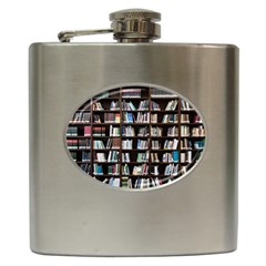 Book Collection In Brown Wooden Bookcases Books Bookshelf Library Hip Flask (6 Oz) by Ravend