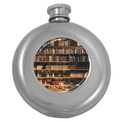 Books On Bookshelf Assorted Color Book Lot In Bookcase Library Round Hip Flask (5 Oz) by Ravend