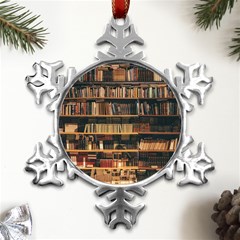 Books On Bookshelf Assorted Color Book Lot In Bookcase Library Metal Small Snowflake Ornament by Ravend