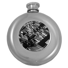 Black And Gray Circuit Board Computer Microchip Digital Art Round Hip Flask (5 Oz) by Bedest