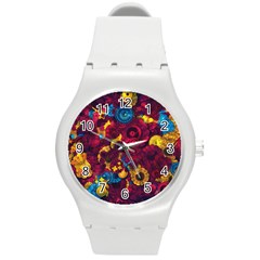 Psychedelic Digital Art Colorful Flower Abstract Multi Colored Round Plastic Sport Watch (m) by Bedest