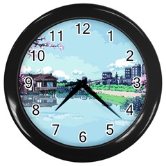 Japanese Themed Pixel Art The Urban And Rural Side Of Japan Wall Clock (black) by Sarkoni