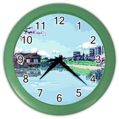 Japanese Themed Pixel Art The Urban And Rural Side Of Japan Color Wall Clock by Sarkoni