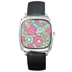 Donut Pattern Texture Colorful Sweet Square Metal Watch by Grandong