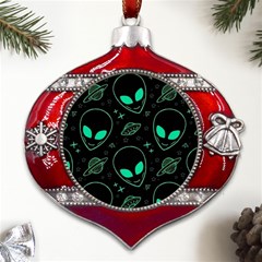 Alien Green Black Pattern Metal Snowflake And Bell Red Ornament by Ndabl3x