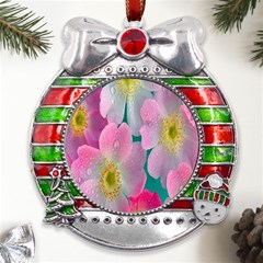 Pink Neon Flowers, Flower Metal X mas Ribbon With Red Crystal Round Ornament by nateshop