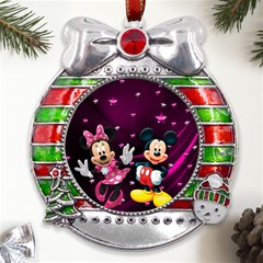 Cartoons, Disney, Mickey Mouse, Minnie Metal X mas Ribbon With Red Crystal Round Ornament by nateshop