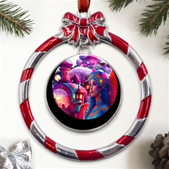 Fantasy Arts  Metal Red Ribbon Round Ornament by Internationalstore