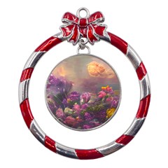 Floral Blossoms  Metal Red Ribbon Round Ornament by Internationalstore