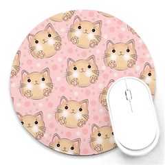 Cat Pattern Pink Cartoon Round Mousepad by Pakjumat