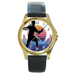 Fencing Funny T- Shirt Fencing Sport Fencing T- Shirt (1) Round Gold Metal Watch by ZUXUMI