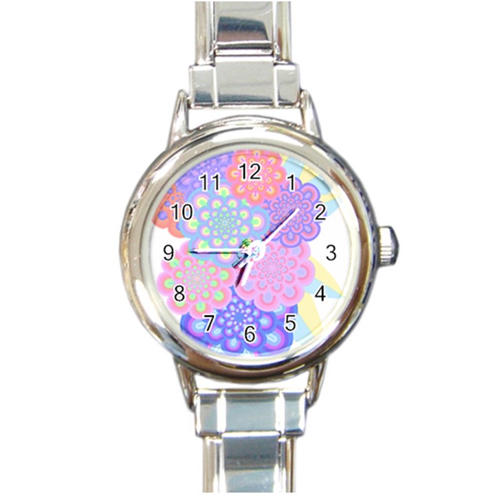 Flowers T- Shirt Flower Bouquet Pink, Purple, Blue T- Shirt Round Italian Charm Watch