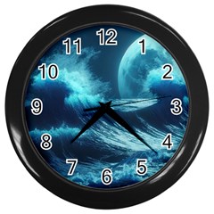 Moonlight High Tide Storm Tsunami Waves Ocean Sea Wall Clock (black) by uniart180623