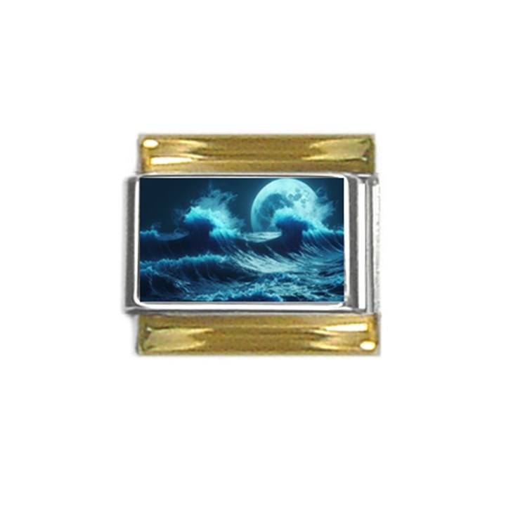 Moonlight High Tide Storm Tsunami Waves Ocean Sea Gold Trim Italian Charm (9mm)