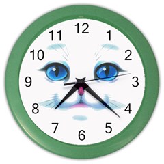 Cute White Cat Blue Eyes Face Color Wall Clock by Ket1n9