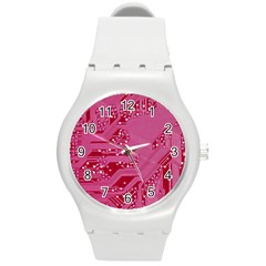 Pink Circuit Pattern Round Plastic Sport Watch (m) by Ket1n9