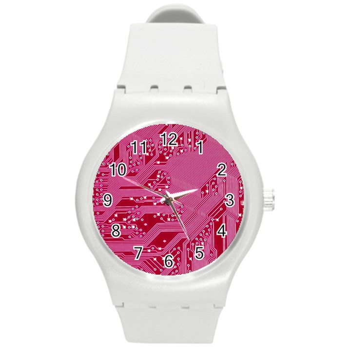 Pink Circuit Pattern Round Plastic Sport Watch (M)