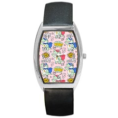 Seamless-pattern-with-many-funny-cute-superhero-dinosaurs-t-rex-mask-cloak-with-comics-style-inscrip Barrel Style Metal Watch by Ket1n9