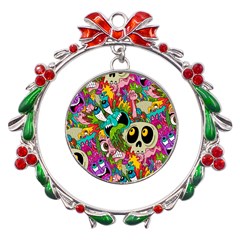 Crazy Illustrations & Funky Monster Pattern Metal X mas Wreath Ribbon Ornament by Ket1n9