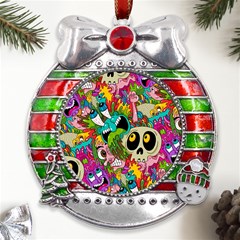 Crazy Illustrations & Funky Monster Pattern Metal X mas Ribbon With Red Crystal Round Ornament by Ket1n9