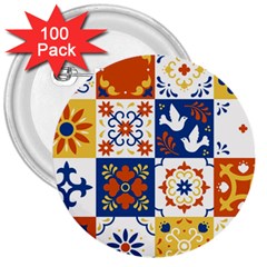 Mexican-talavera-pattern-ceramic-tiles-with-flower-leaves-bird-ornaments-traditional-majolica-style- 3  Buttons (100 Pack)  by Ket1n9