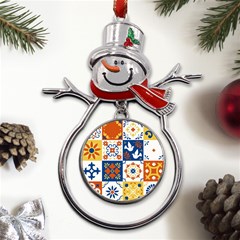 Mexican-talavera-pattern-ceramic-tiles-with-flower-leaves-bird-ornaments-traditional-majolica-style- Metal Snowman Ornament by Ket1n9