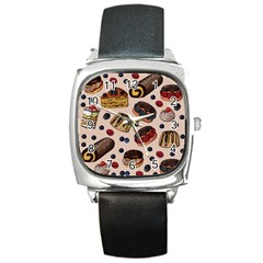 Seamless-pattern-with-sweet-cakes-berries Square Metal Watch by Amaryn4rt