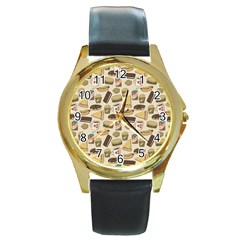 Junk Food Hipster Pattern Round Gold Metal Watch by Sarkoni