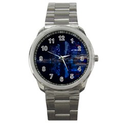 Illuminated Cityscape Against Blue Sky At Night Sport Metal Watch by Modalart