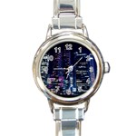 Black Building Lighted Under Clear Sky Round Italian Charm Watch Front