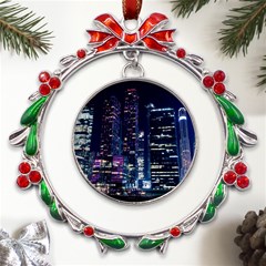 Black Building Lighted Under Clear Sky Metal X mas Wreath Ribbon Ornament by Modalart