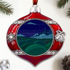 Adventure Time Cartoon Night Green Color Sky Nature Metal Snowflake And Bell Red Ornament by Sarkoni