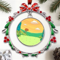 Green Field Illustration Adventure Time Multi Colored Metal X mas Wreath Ribbon Ornament by Sarkoni