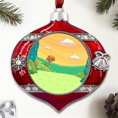 Green Field Illustration Adventure Time Multi Colored Metal Snowflake And Bell Red Ornament by Sarkoni