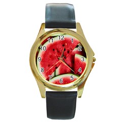 Watermelon Fruit Green Red Round Gold Metal Watch by Bedest