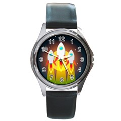 Rocket Take Off Missiles Cosmos Round Metal Watch by Sarkoni