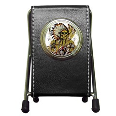 Motorcycle And Skull Cruiser Native American Pen Holder Desk Clock by Sarkoni