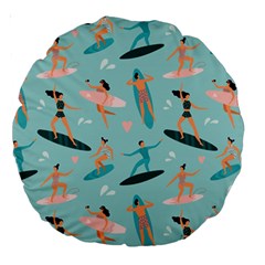 Beach Surfing Surfers With Surfboards Surfer Rides Wave Summer Outdoors Surfboards Seamless Pattern Large 18  Premium Round Cushions by Bedest