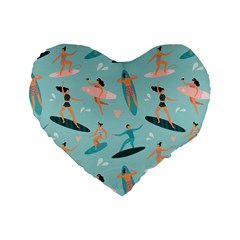 Beach Surfing Surfers With Surfboards Surfer Rides Wave Summer Outdoors Surfboards Seamless Pattern Standard 16  Premium Heart Shape Cushions by Bedest