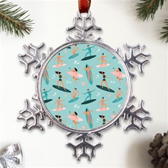 Beach Surfing Surfers With Surfboards Surfer Rides Wave Summer Outdoors Surfboards Seamless Pattern Metal Large Snowflake Ornament by Bedest