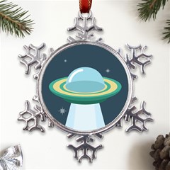 Illustration Ufo Alien  Unidentified Flying Object Metal Large Snowflake Ornament by Sarkoni