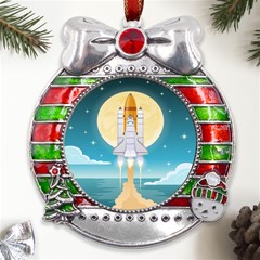 Space Exploration Illustration Metal X mas Ribbon With Red Crystal Round Ornament by Bedest