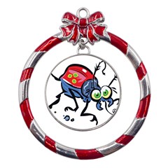 Bug Black Insect Animal Metal Red Ribbon Round Ornament by Sarkoni